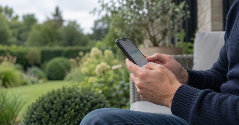 Handen met een smartphone voor mobiel bankieren, met een groene tuin op de achtergrond.