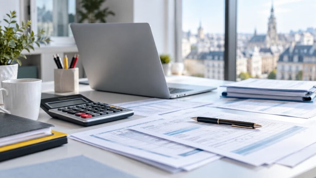 Laptop, calculator, papieren en pen op een opgeruimd bureau als illustratie van een Belgische belastingaangifte.