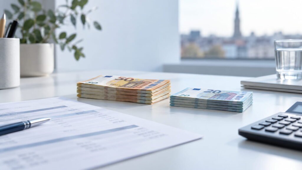 Loonbrief, calculator en eurobiljetten op een modern bureau als illustratie van bruto versus netto loon in België.