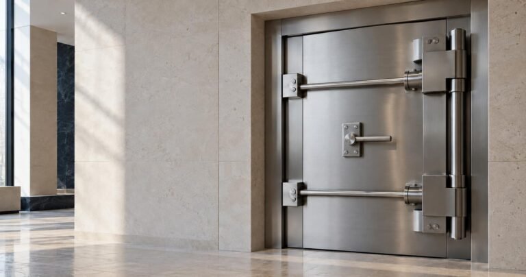 Gesloten stalen kluisdeur in een modern bankinterieur.