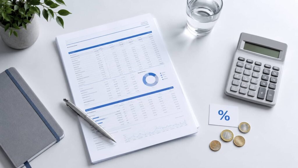 Euromunten, aandelenoverzicht en dividendpercentage op een bureau