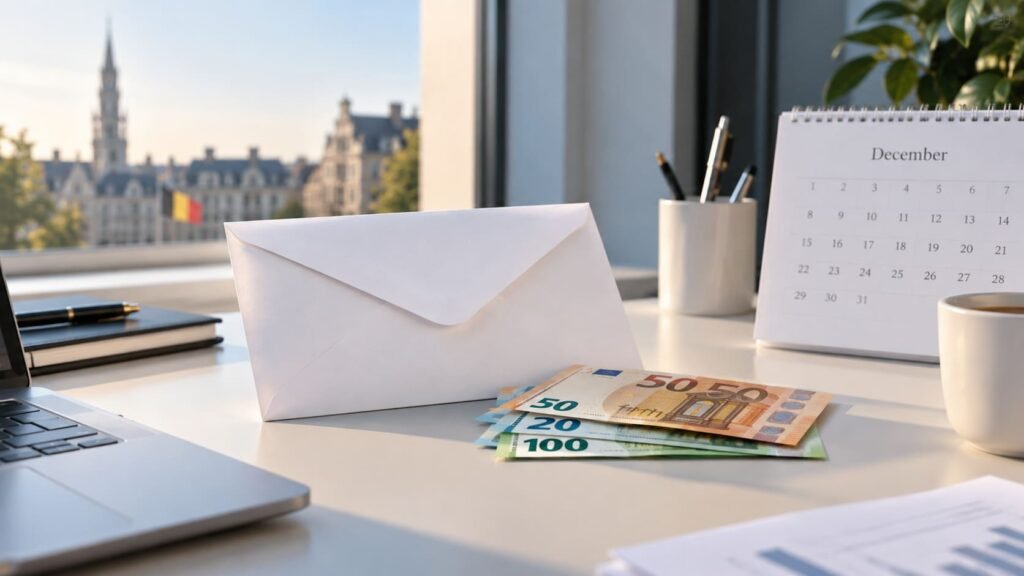 Envelop met loonadministratie, eurobiljetten en kalenderdetail als illustratie van de eindejaarspremie of 13de maand.