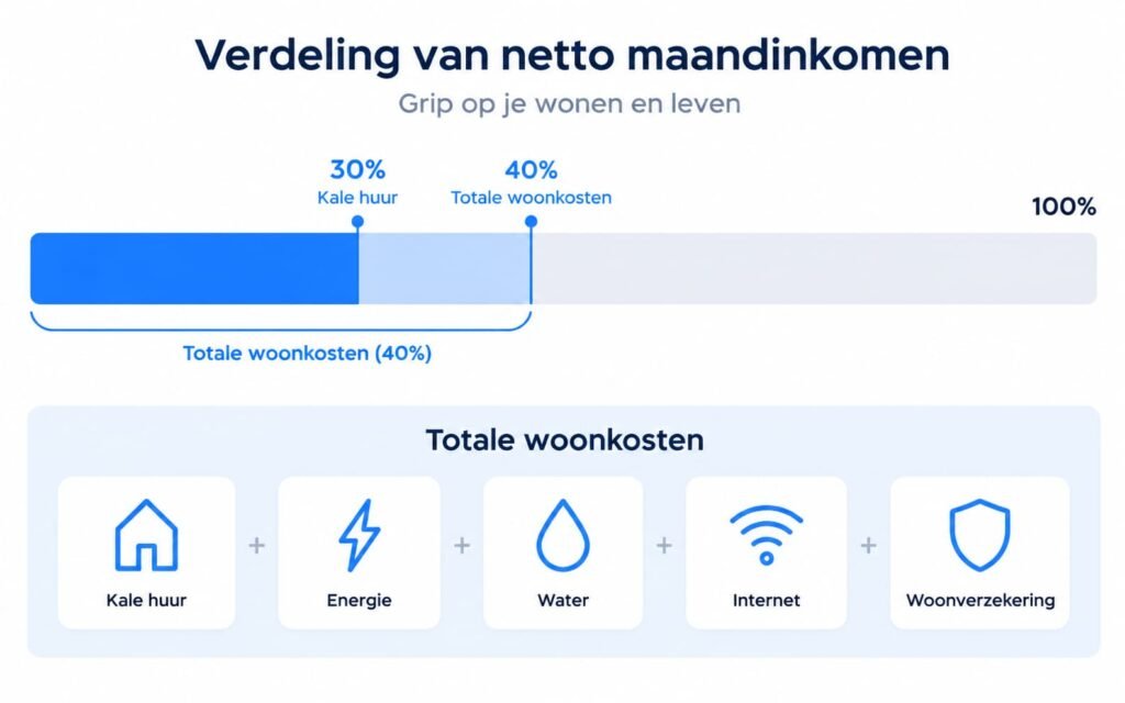 Visuele verdeling van een maandinkomen met 30 procent voor kale huur en 40 procent voor totale woonkosten