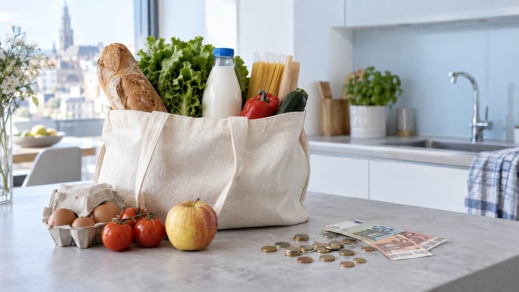 Boodschappen, eurogeld en een moderne keukentafel als illustratie van inflatie en verminderde koopkracht.