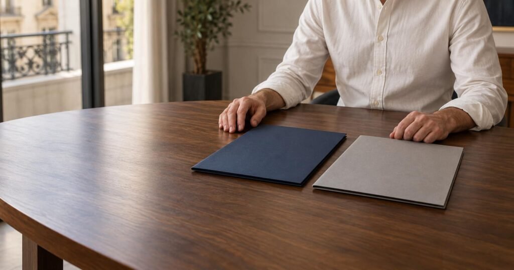Twee gesloten documentmappen op een houten tafel, met de handen van een persoon ernaast.