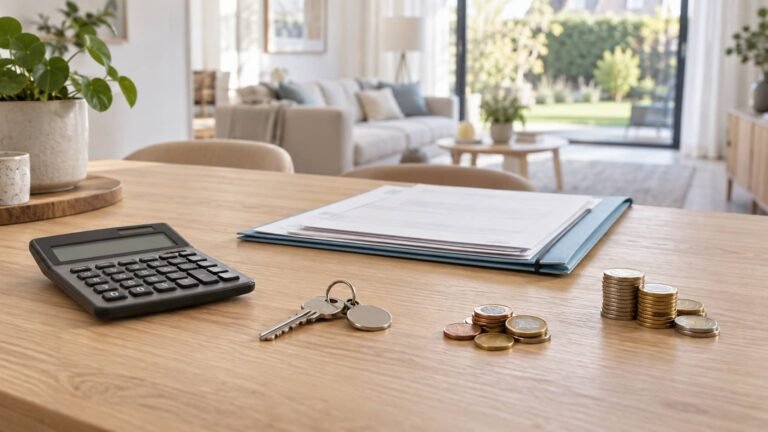Huissleutels, een rekenmachine en euromunten naast woningdocumenten op een lichte tafel.